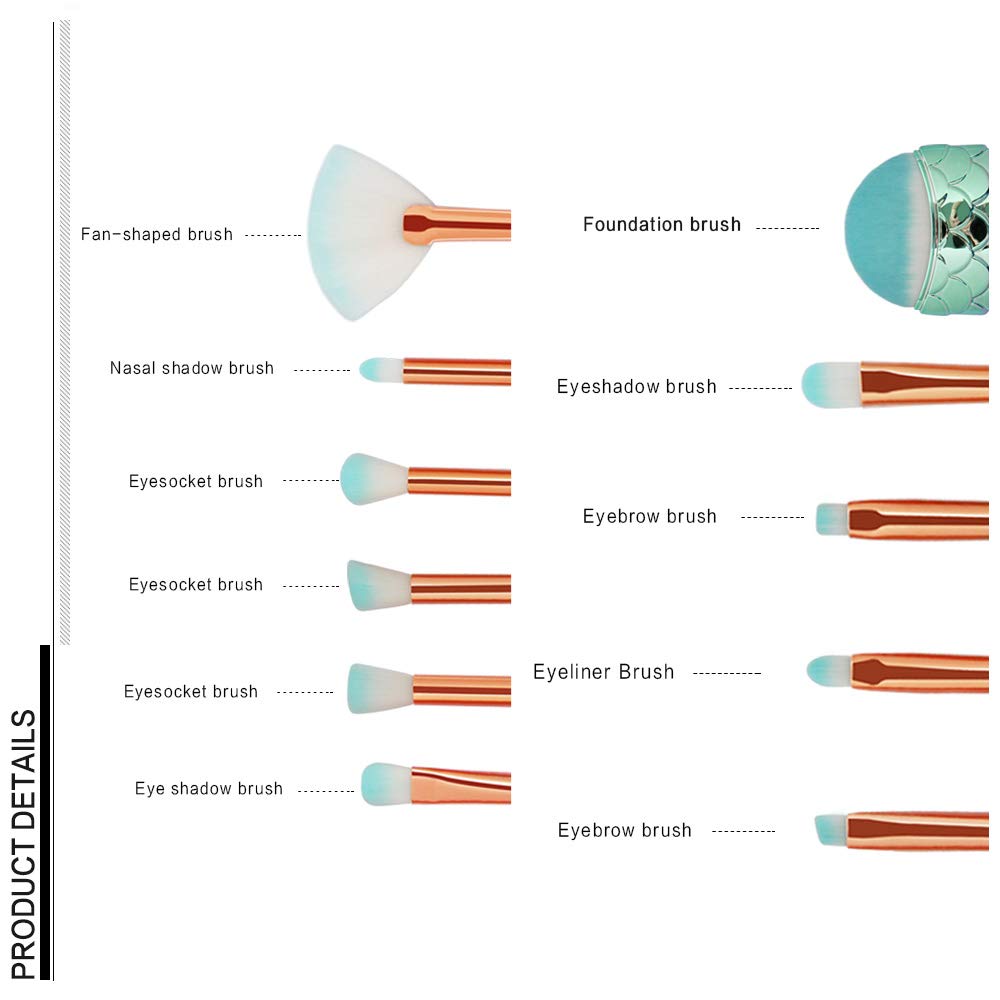 Eye Brush Set, Tenmon 11 Pcs Mermaid Eyeshadow Eyeliner Blending Crease Kit Makeup Brushes Makeup Foundation Eyebrow Eyeliner Blush Cosmetic Concealer Brushes: Beauty