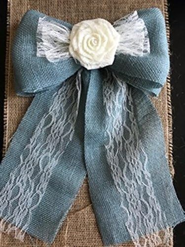 12" Wide Baby Blue Burlap Lace Flower Bow Pew Chair Wreath Bow Rustic Wedding Decor Country Baby Shower Boy Custom Color Option