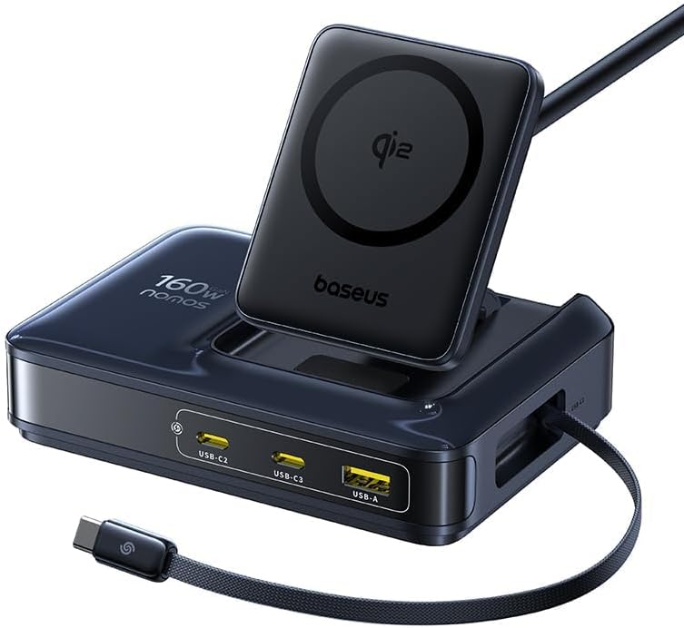 Chargeur USB C 160 W MagSafe Qi2 5-in-1, Station de Charge avec câble rétractable USB-C 100 W Compatible avec iPhone 12-17, MacBook Pro/Air, iPad Pro, etc.