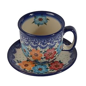 Traditional Polish Pottery, Handcrafted Ceramic Coffee Cup and Saucer 275ml, Boleslawiec Style Pattern, F.201.BLUELACE