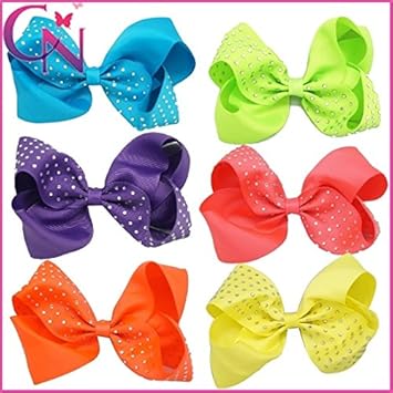 6pcs Lot 5 Neon Grosgrain Ribbon Hair Bows With Shiny Rhinestone