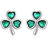 Reffeer Solid 925 Sterling Silver Green CZ Flower Stud Earrings Clover for Women Teen Girls Clover Stud Earrings Shamrock Earrings Green St Patricks Day Earrings Screw Backs (A-Silver)