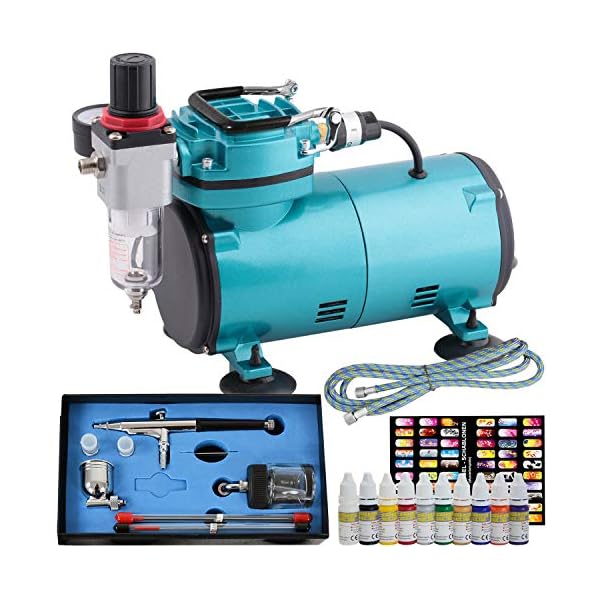 Airbrush Set Kompressor Compact II Airbrush KomplettSet mit 10*10ml Nail Farben Set Kit mit sehr leisem Airbrush Kompressor / Universal Airbrush-Pistole Double-Action mit 3 DÃ¼sen und Druckluftschlauch