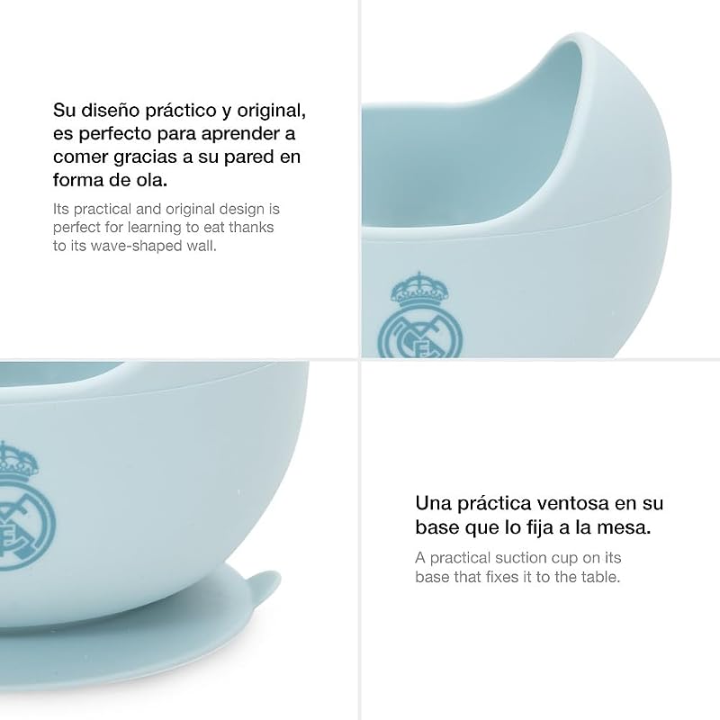 - Set de Vajilla Infantil 4 Piezas de Silicona Real Madrid Azul| Plato, Bol, Cuchara y Taza |Apto para Microondas y Lavavajillas | Libre de BPA