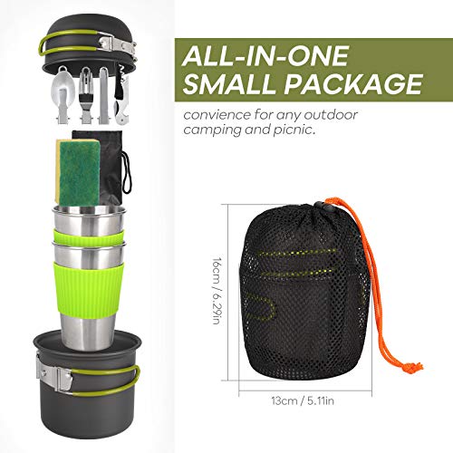 SKYSPER Kit de Utensilios de Cocina Camping de 9 piezas Ollas Sartén de Aluminio Hervidor Tazas Cubiertos Vajilla de Picnic Portátil Cacerolas Juego para Acampada Senderismo Excursión al Aire Llibre