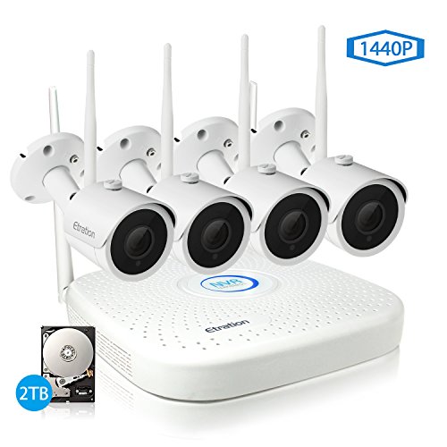 Security Camera System Wireless, Etration Home Security Camera System, with 4pcs 4MP(2560 x 1440P) Indoor/Outdoor WI-FI Bullet IP Surveillance Cameras with Night Vision, 4CH 4K NVR with 2TB Hard Drive