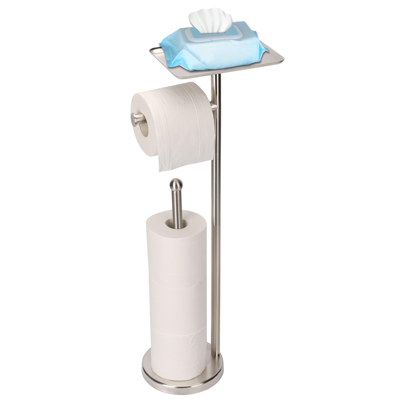 Photo 1 of Fatizon Toilet Paper Holder, Freestanding Toilet Paper Stand with Shelf for Small Items, Toilet Paper Holder with Storage Space for 4 Extra Toilet Paper Rolls (Stainless Steel Base, Brushed Nickel)