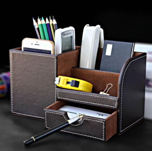 Table Desk Pen Holder Storage Organizer Elegant Faux Leather With Delicate White Stitching To Keep Your Home Decor Looking Stylish And Chic