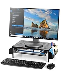 Bextsware Metal Desk Monitor Stand Riser, Desktop Organizer Printer Stand Holder with Pull Out Storage Drawer and Side Compartments Pockets for Computer, Laptop, iMac, Pens, Phones, Calculators
