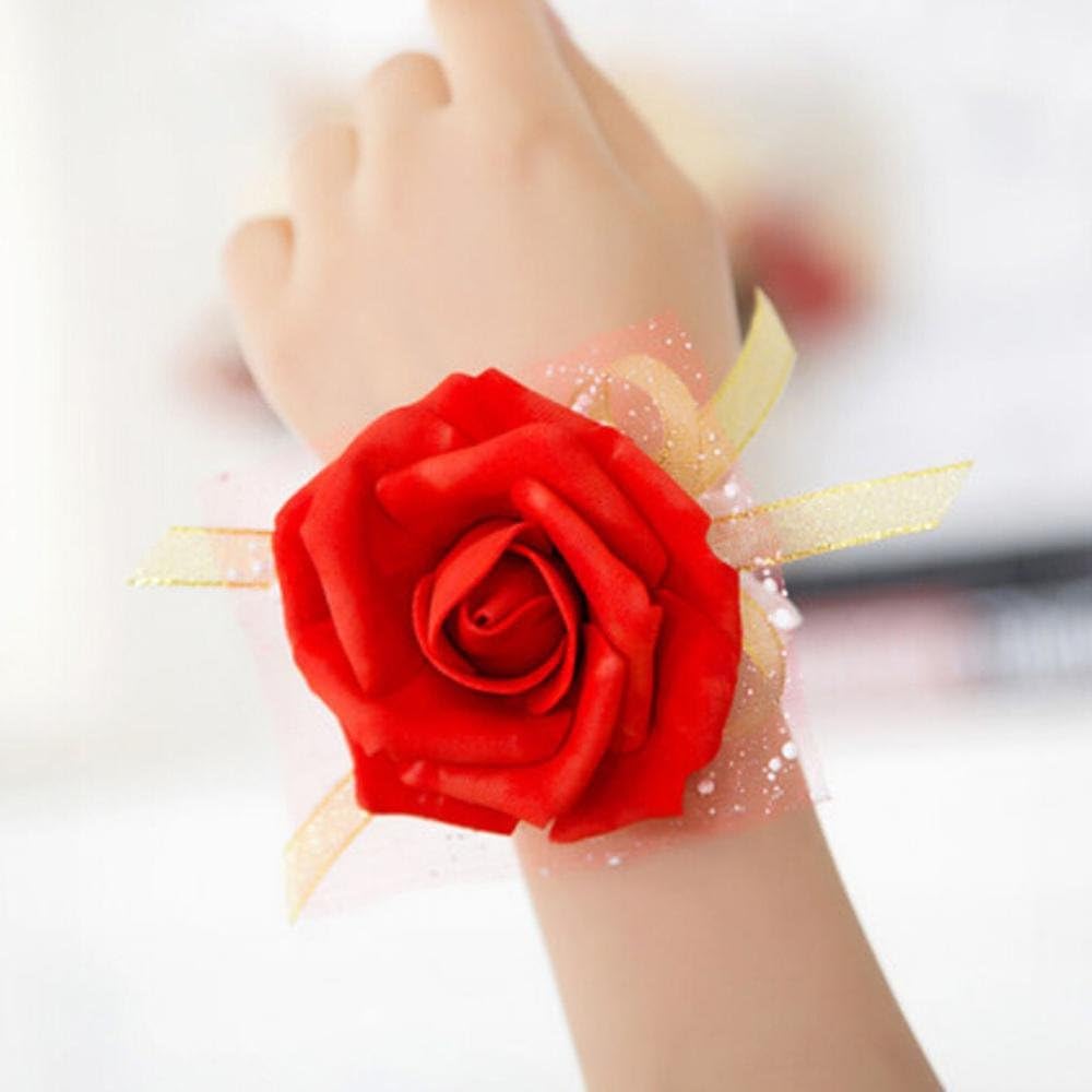 JIALE3536 Artificial Flowers 1 Pcs Wedding Wrist Flowers Bridesmaid Silk Rose Corsages Hand Flower Artificial Flowers For Wedding Decoration 4 Colors,Red