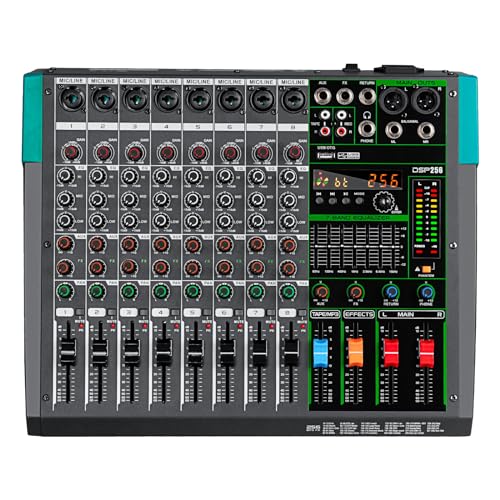 Depusheng PA8 Professional Audio Mixer Sound Card Console System Desk Interface 8 USB Bluetooth MP3 Input Computer Power Supply Phantom 48 V Reverb Effect 256 Integrated Black