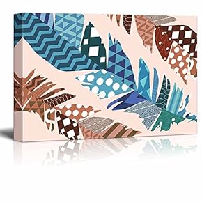 Diagonal Blue Zentangle Feather with Warm Toned Zentangle Feathers on a Beige Colored Background - Canvas Art Home Art - 12x18 inches