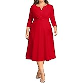 Plus Size Wedding Guest Dress - Church Midi Fall Semi Formal 3/4 Sleeve V Neck A-line Dress for Women 2025