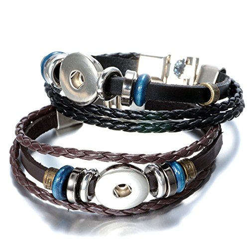 Pack of 2 Black and Brown Color Artificial Leather 21cm Snap Bracelets for 5.5mm DIY Snaps 18mm-20mm Snap Button Charms