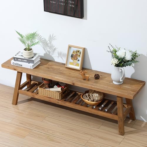 HOKYHOKY Reclaimed Solid Wood Bench-55 Inches Farmhouse Entryway Bench with Storage Shelf, Narrow Rustic Bench for Hallway, Kitchen, Bedroom, Dining