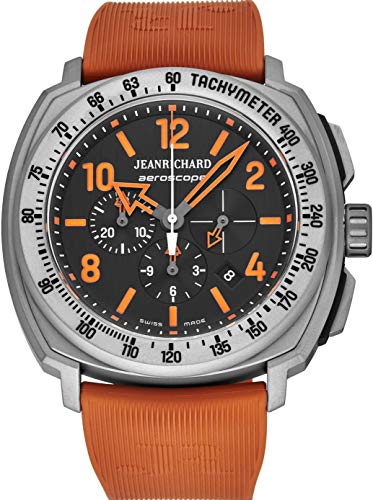 Jean Richard Aeroscope Mens Titanium Swiss Automatic Watch - 43mm Black Face with Luminous Hands Tachymeter Chronograph and Date - Orange Rubber Strap Swiss Made Classic Anolog Watch 60650-21-010-001