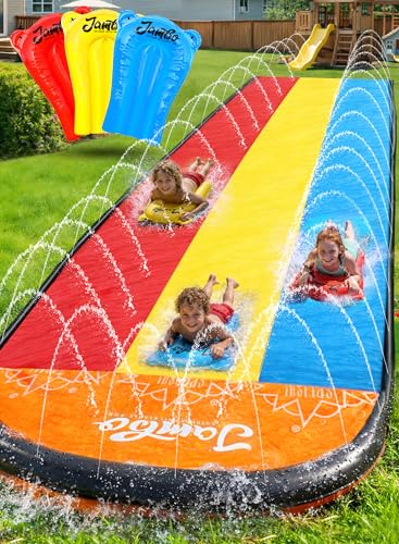 JAMBO Premium Triple Water Slide and 3 Bodyboards, 16Ft Heavy Duty Slip Splash and Slides-Advanced 3-Way Sprinkler System, Splash Pad Mat Backyard Summer Outdoor Water Toys n Long Slides for Kids
