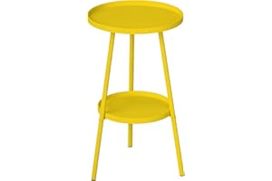 Outsunny Round Garden Table, 2-Tier Small Side Table, Metal Patio Table Coffee Table Dining Table for Porch Deck Balcony, Yel