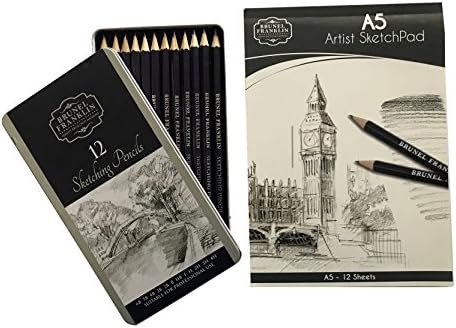 Spot on Products Artist Grade Sketch Kit. Set of 12 Pencils in Travel Metal Tin. Graded Shades of Black, Gray for Drawing in Varying Depth and Tones. Comes with 12 Sheets A5 Art Sketching Pad
