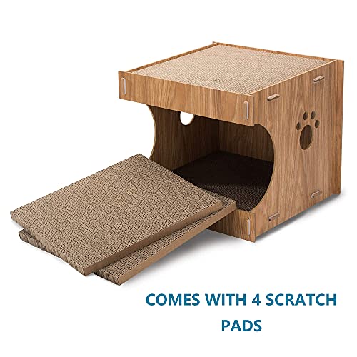 HIPIPET Cat Cardboard Scratcher House Hideaway Beds Box with 4