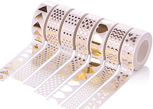 JoinPro 7 Pack Decorative Washi Tape Set Bright Foil Gold Tapes Decoration for Gift Wrapping Party Supplies Scrapbook and DIY Crafts,1.2cmx10m (White Gold)