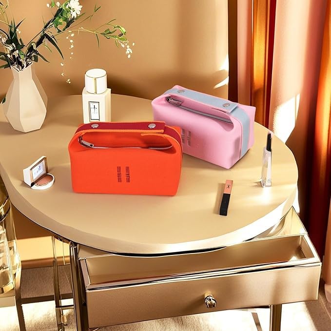 Fashion Makeup Bag for Women, Orange Red Canvas Make up Travel Bag, Hanging Cosmetic Bag Organizer for Wome
