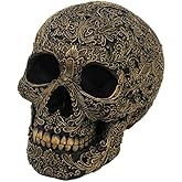 Pacific Giftware Black Carved Skull with Gold Flower Arrangement Outlines Resin Figurine Home Decor Statue