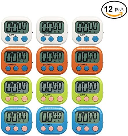 Xpeciall Digital Kitchen Timer Cooking Timers Clock with Big Digits Loud Alarm Magnetic Backing and Stand with Large LCD Display for Cooking Baking (12 Pack, 4 Color)