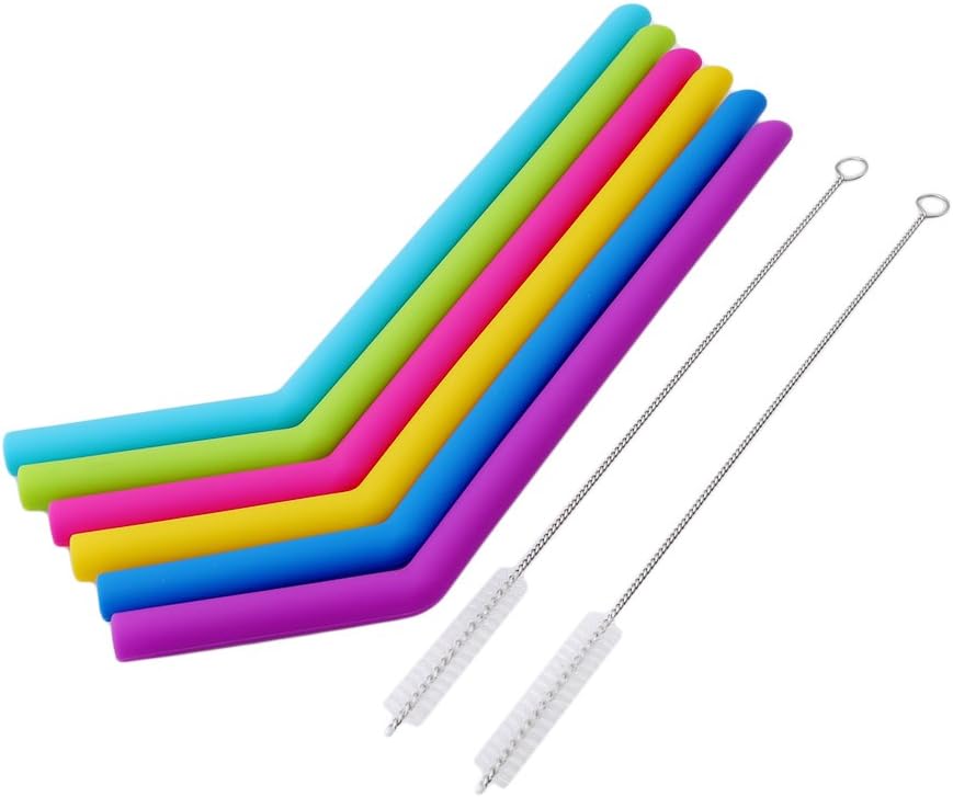 Hengxing 6 Pcs Reusable Silicone Straws Extra Wide Colorful Drinking Straws BPA Free With Cleaning Brushes