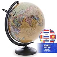 12 Inch World Globe with Metal Stand and Magnifying Glass. Perfect Desk or Classroom Globe for Adults and Children. 2019 Edition with Bonus Nation Flag Stickers!