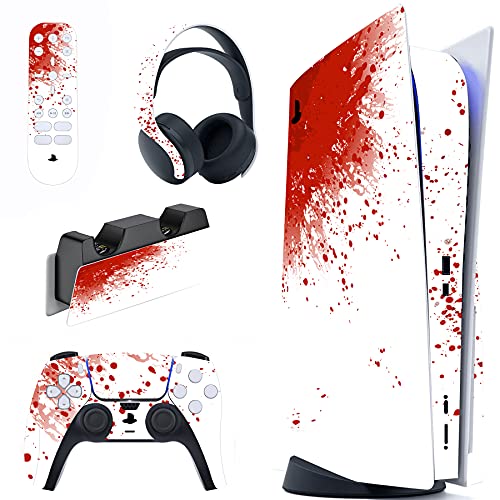 PlayVital Blood Splash Full Set Skin Decal for ps5 Console Disc Edition, Sticker Vinyl Decal Cover for ps5 Controller & Charging Station & Headset & Media Remote