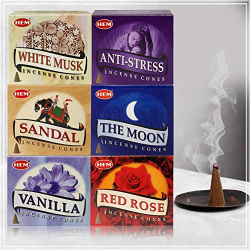 Hem Incense Cones Variety Pack 6 and Cone Incense Burner Bundle with 6