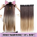 S-noilite Dip Dye Clip in Hair Extensions Ombre Two Color Long Thick Curly Wavy Straight 3/4 Full Head Synthetic Hairpiece Japanese Kanekalon Fiber Trendy Fashion (Dark Brown to Ash Blonde)