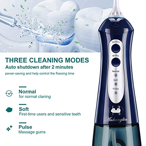 Water Dental Flosser,Anbanglin Cordless 10oz/300mL Professional Oral Irrigator, Portable and Rechargeable Waterproof with 3 Modes 4 Jet Tips Water Flossing for Home and Travel Use