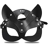 Cat Woman Eye Cover for Adults Women, Black Faux Leather Cat Ear Headpiece with Adjustable Strap, Halloween Cosplay Masquerade Costume Accessory for Party and Roleplay Outfits