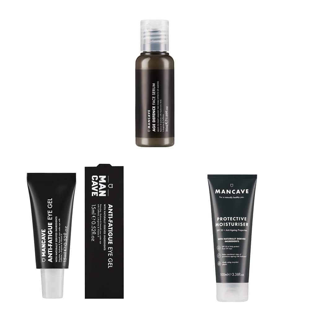 ManCave Age Defence Trio Featuring Age Defence Face Serum, 50ml, Anti-Ageing & SPF20 Moisturiser, 100ml, Anti-Fatigue Eye Gel, 15ml