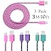 Josi Minea Micro USB Charge and Sync Cable with Rugged Nylon Braided Stylish Design - Pack of 3 Colorful Extra Long 10 Feet Cables