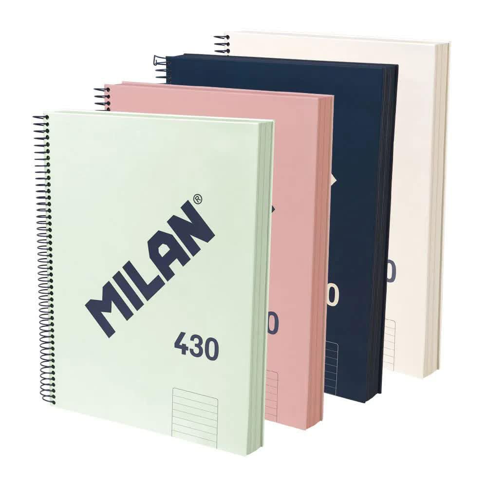 MILAN® Pack of 4 A4 Hardcover Notebooks, Lined Paper (7 mm), 120 Sheets of 95 g/m², Rubber Collection 430