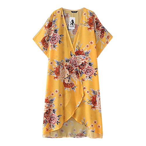 DEATU Fashion Womens Chiffon Batwing Sleeve Shawl Print Kimono Cardigan Top Cover Up Blouse Beachwear(YellowÂ ,Size M)