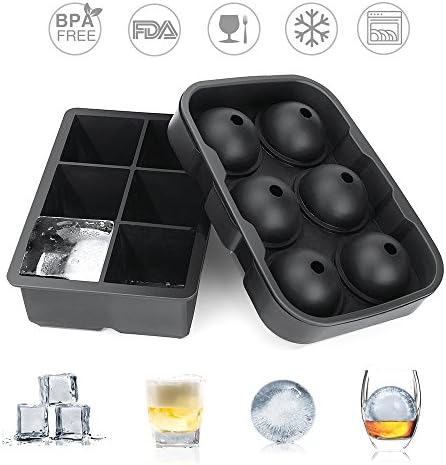 Silicone Ice Cube Trays Set of 2, Sphere Ice Ball Maker & Large Square Molds, Reusable & BPA Free, Easy Release Silicone Molds for Bourbon Whisky