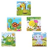 Sumnacon 16 Pieces Wooden Animals Jigsaw Puzzles, Fancy Education And Learning Intelligence Toys Grown Up Puzzles for Toddlers Kids Children Up 2 Years, 5 Pack of Giraffe Elephant Turtles Frog Bees