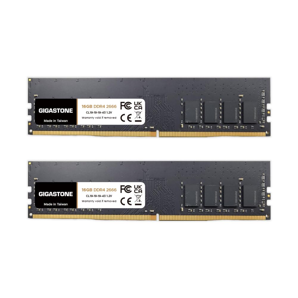 【DDR4 RAM】GIGASTONE 32GB Kit (2x16GB) DDR4 2666MHz (2400MHz or 2133MHz) PC4-21300 (PC4-19200/17000) CL19 1.2V UDIMM 288 Pin Unbuffered Non ECC High Performance PC Desktop Memory Upgrade