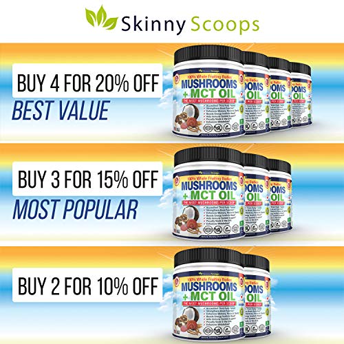 Skinny Scoops Organic Mushroom Extract Powder + MCT Oil Powder - Nootropic Brain Supplement & Immune System Booster - USDA Lions Mane, Cordyceps, Reishi, Turkey Tail, Chaga - MCT for Ketone Energy - Thumbnail 3