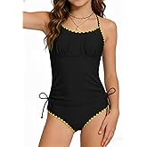 Funnycokid Teen Girls Swimsuit Padded Bathing Suit 2 Piece Tankini Contrast Trim Ruched Design Swimwear 9-16Y