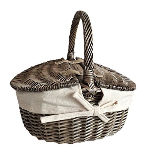 Red Hamper EH091W Small Antique Wash Double Lidded Oval Picnic Basket with White Lining Wicker Shopping, Brown