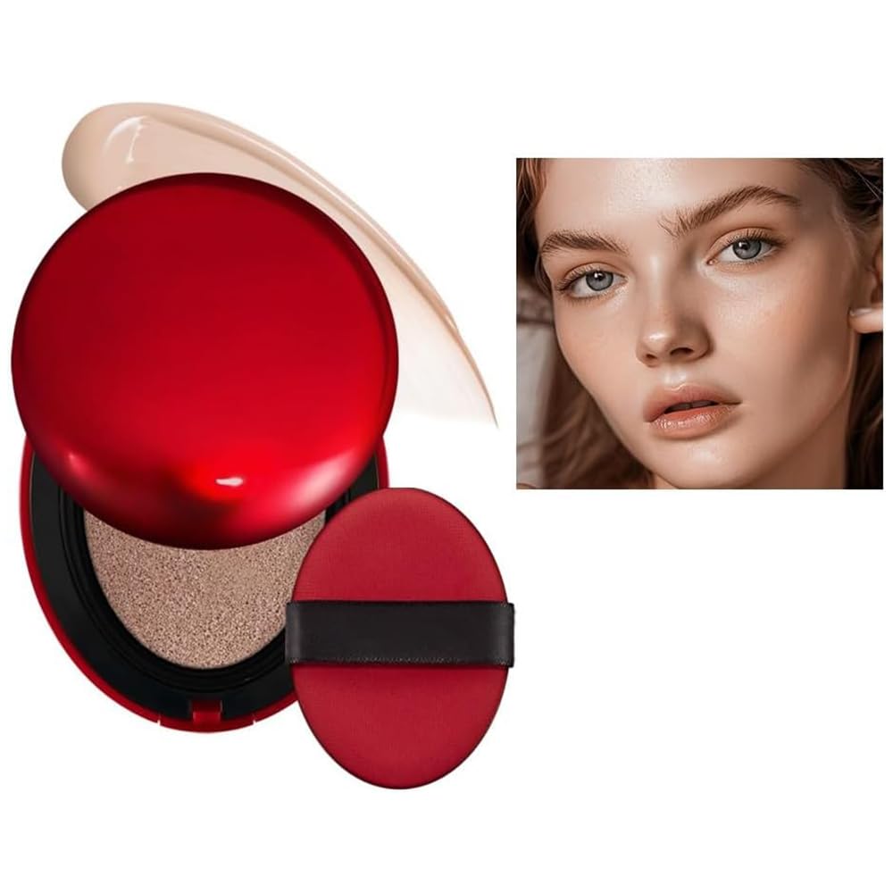 Cushion Foundation, Semi-Matte Finish 72-Hour Foundation Full Coverage Sun Protection, Waterproof, Clear Makeup Red+Shell+Air Focuses on Keeping The Coverage Great,18g