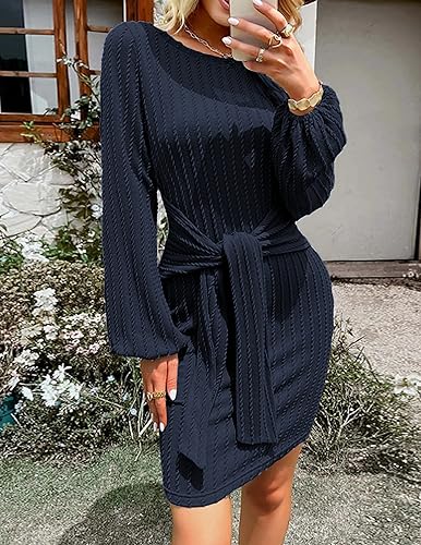 Hotouch Women's knitted dress, long sleeve dress, fall dress, winter dress, elegant, knee length, round neck with belt