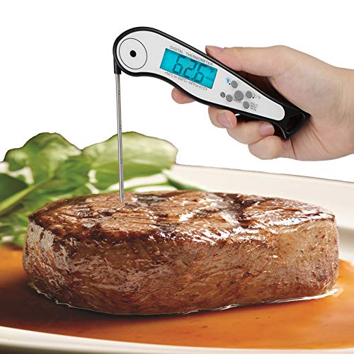 Meat Thermometer with Alarm Function, Digital Display Thermometer for Cooking Food Can Fold 180°, Meat Thermometer for Kitchen and Outdoor BBQ (White Black)