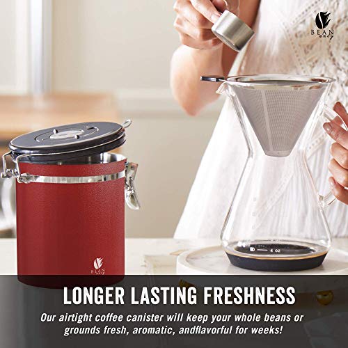 Bean Envy Airtight Coffee Canister - 16oz - Sealed Cantilever Lid with Co2 Gas Release Wicovalve & Numerical Day/Month Tracker - Stainless Steel Storage Vault for Whole/Ground Coffee Bean - Red