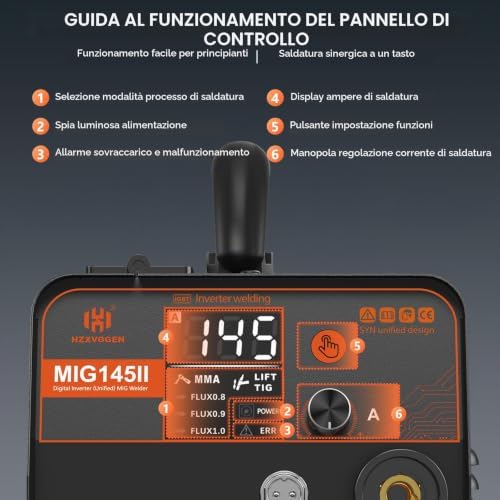 MIG145II 145A Saldatrice a Filo Continuo No Gas, 3 in 1 MIG/ARC/Lift TIG, Avanzamento Filo Sinergico, IGBT Inverter, Display LED, Compatta per Principianti & Hobby Domestico